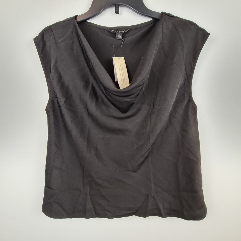 Banana Republic Womens Petite S Black Cowl Neck Sleeveless Satin Top NWT READ